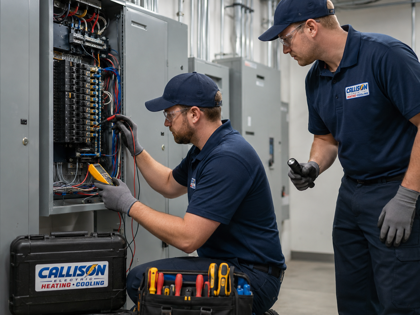 Two licensed Callison electricians testing a residential electrical panel with a multimeter in Augusta County, Virginia
