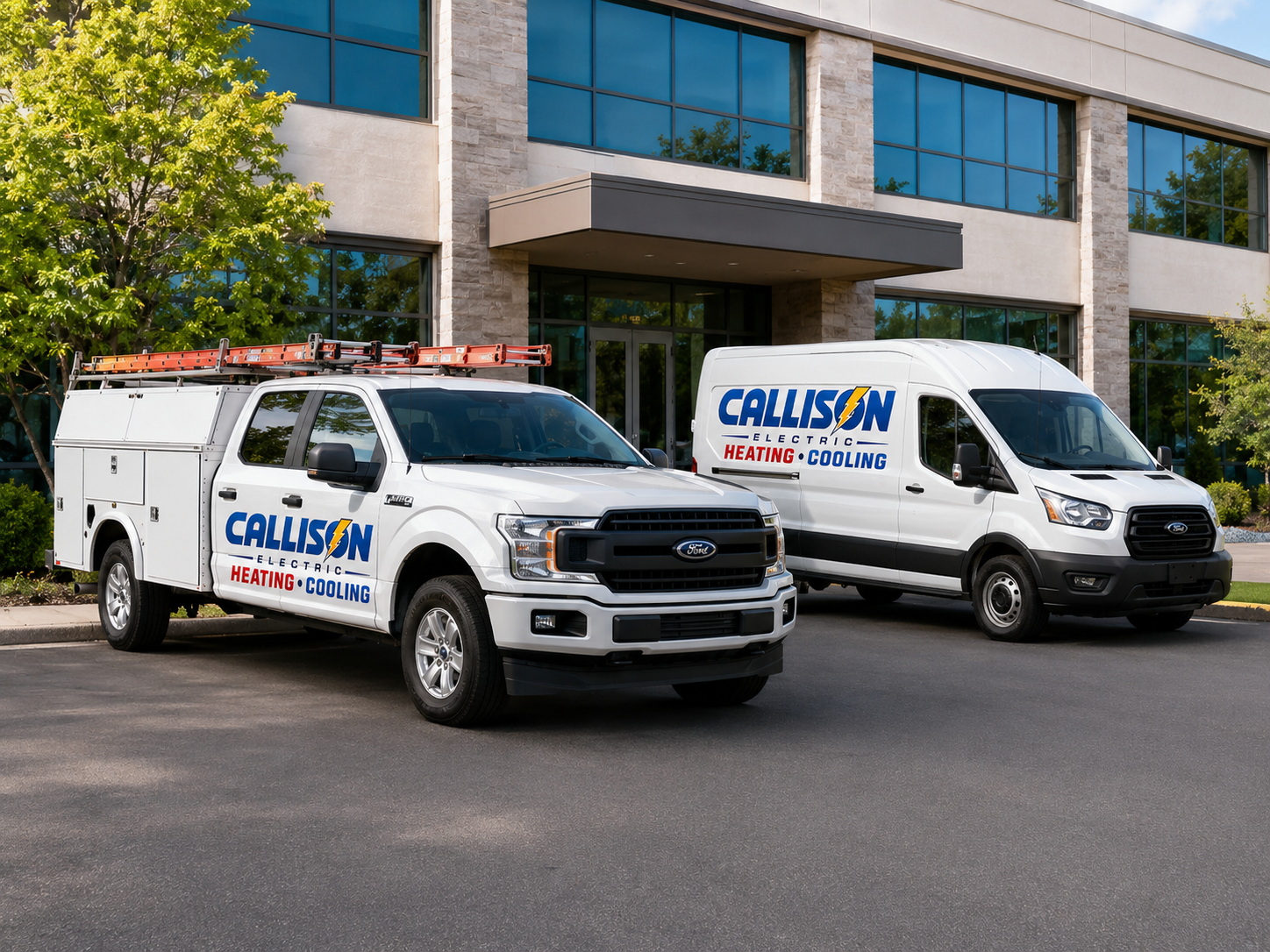 The Callison Electric Heating & Cooling fleet of branded service trucks and vans parked outside, serving Staunton and Augusta County, Virginia