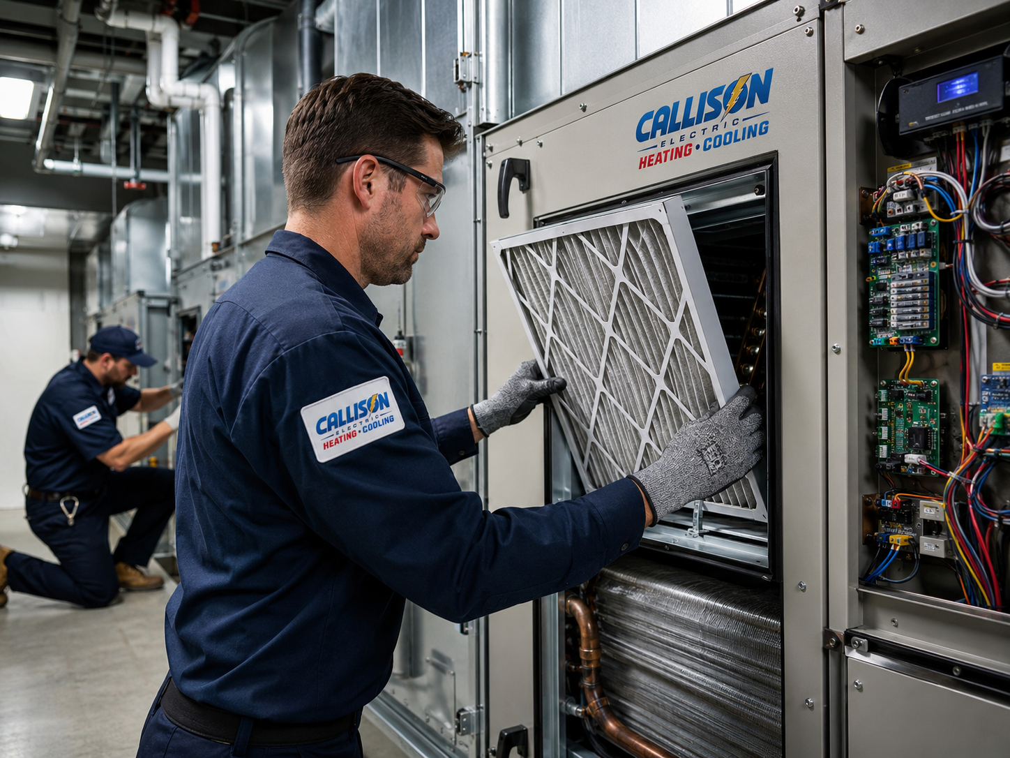 Callison HVAC technician replacing a filter on a residential air handler during a maintenance tune-up in Staunton, Virginia