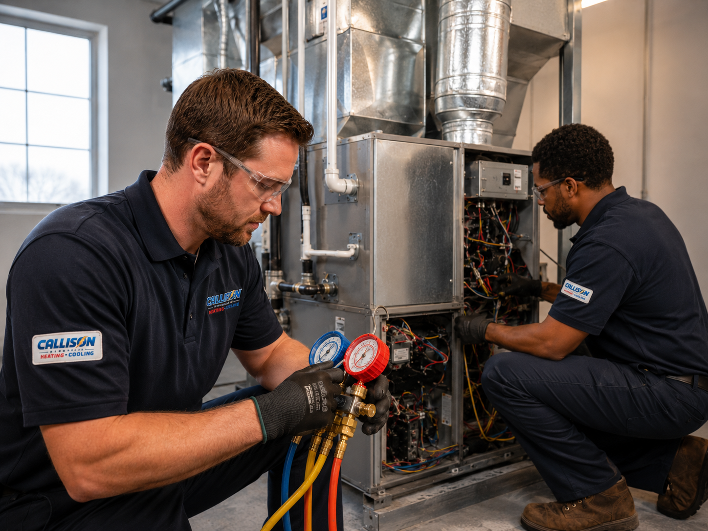 Two Callison HVAC technicians charging and servicing a residential furnace and air handler with gauges in Augusta County, Virginia