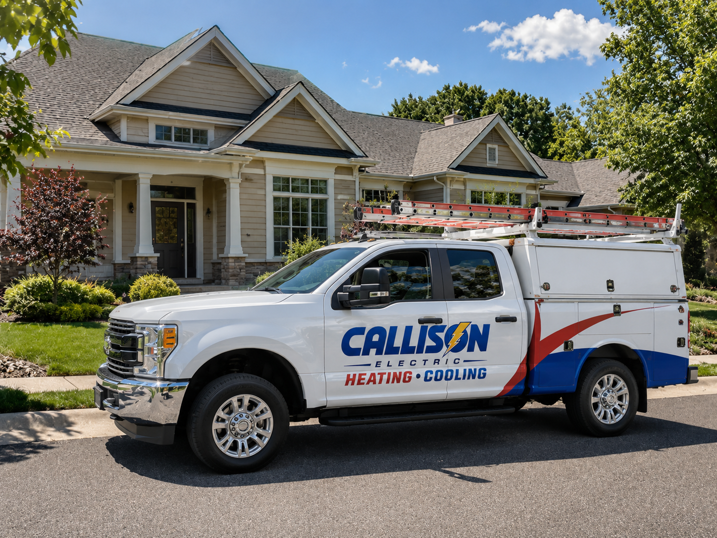 Callison Electric Heating & Cooling service truck parked in front of a Staunton, Virginia home, ready for an electrical and HVAC visit